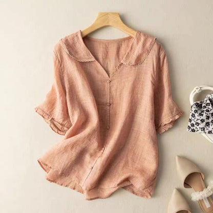 Vivian | Peter Pan Collar Puff Sleeve Cotton Linen Blend Blouse