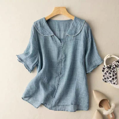 Vivian | Peter Pan Collar Puff Sleeve Cotton Linen Blend Blouse
