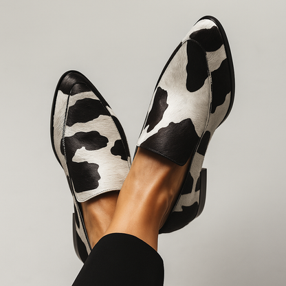 Delphine | Women's Cow Print Pointed Toe Slip On Loafer