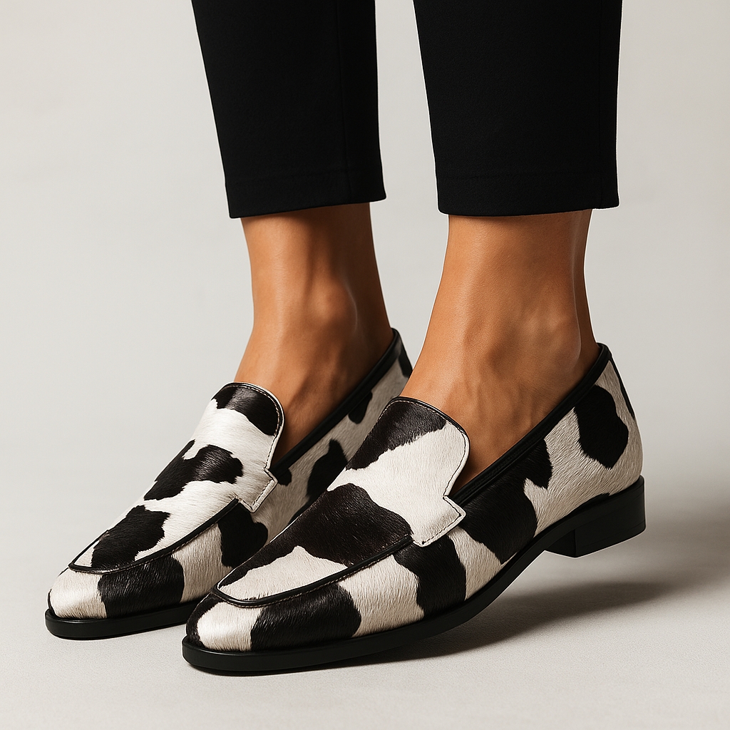 Delphine | Women's Cow Print Pointed Toe Slip On Loafer