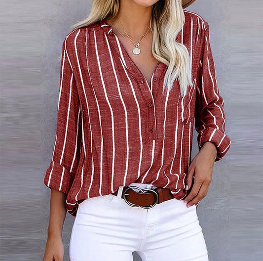 Harper | Striped V Neck Long Sleeve Relaxed Casual Blouse