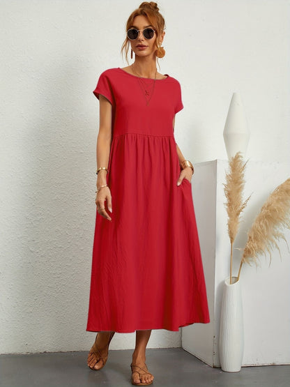 Sage | Round Neck Short Sleeve Gathered Waist Loose Maxi Casual Dress