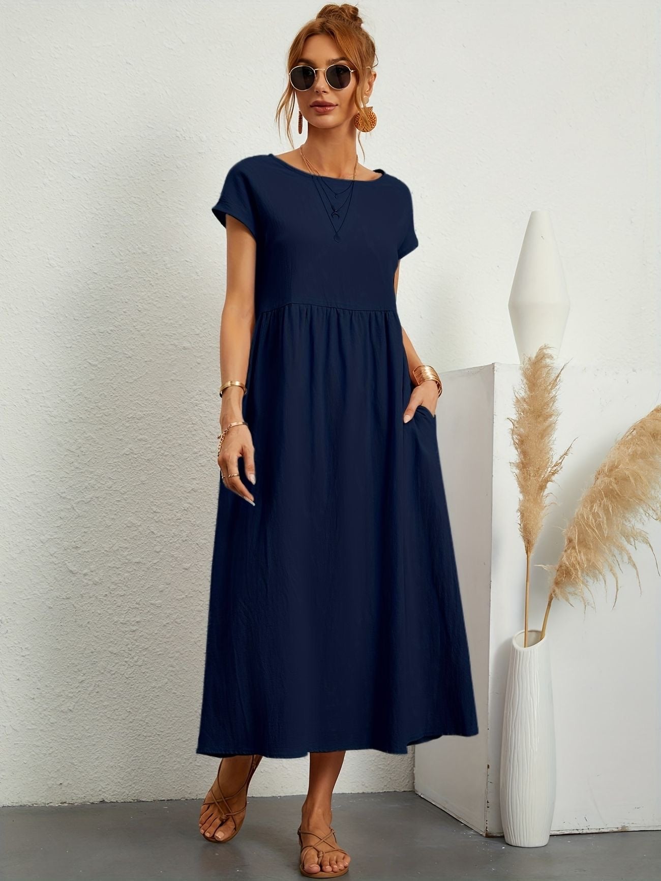 Sage | Round Neck Short Sleeve Gathered Waist Loose Maxi Casual Dress