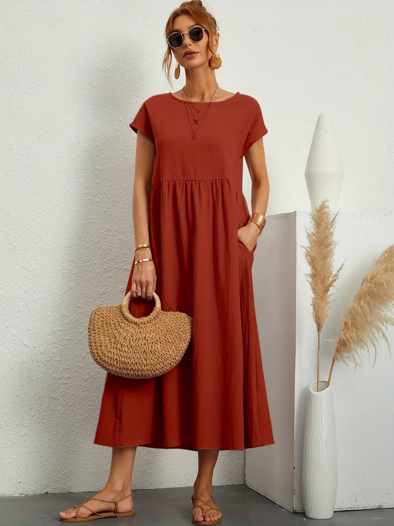 Sage | Round Neck Short Sleeve Gathered Waist Loose Maxi Casual Dress