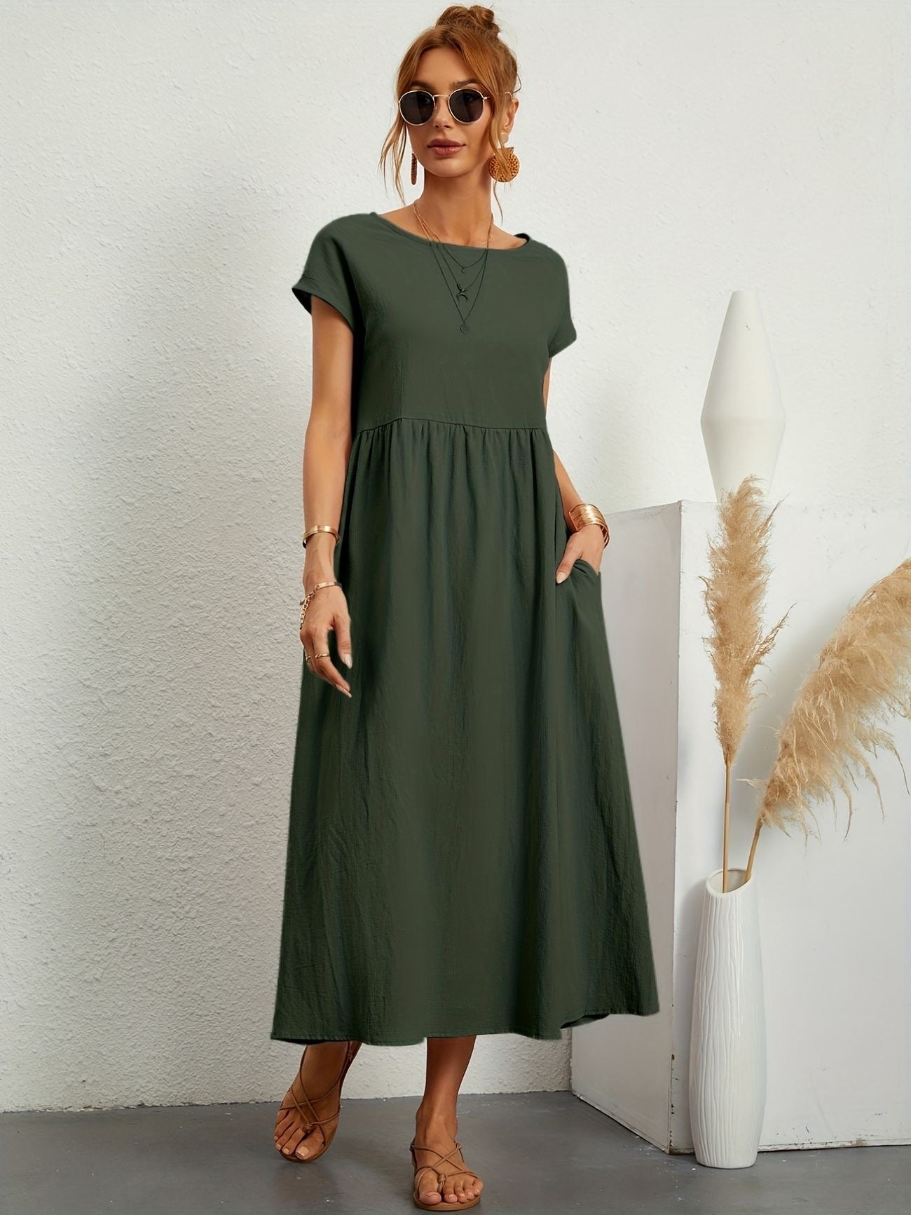 Sage | Round Neck Short Sleeve Gathered Waist Loose Maxi Casual Dress