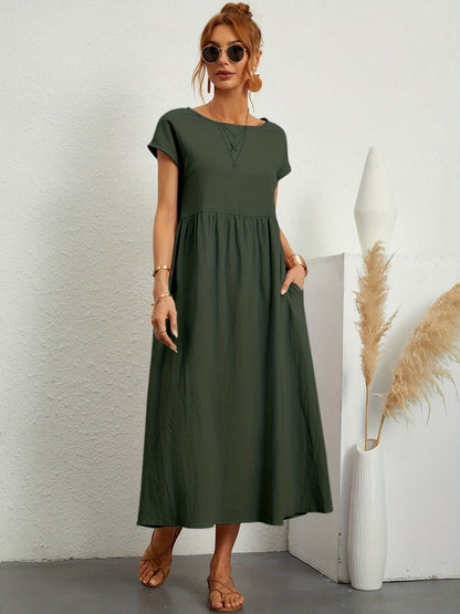 Sage | Round Neck Short Sleeve Gathered Waist Loose Maxi Casual Dress
