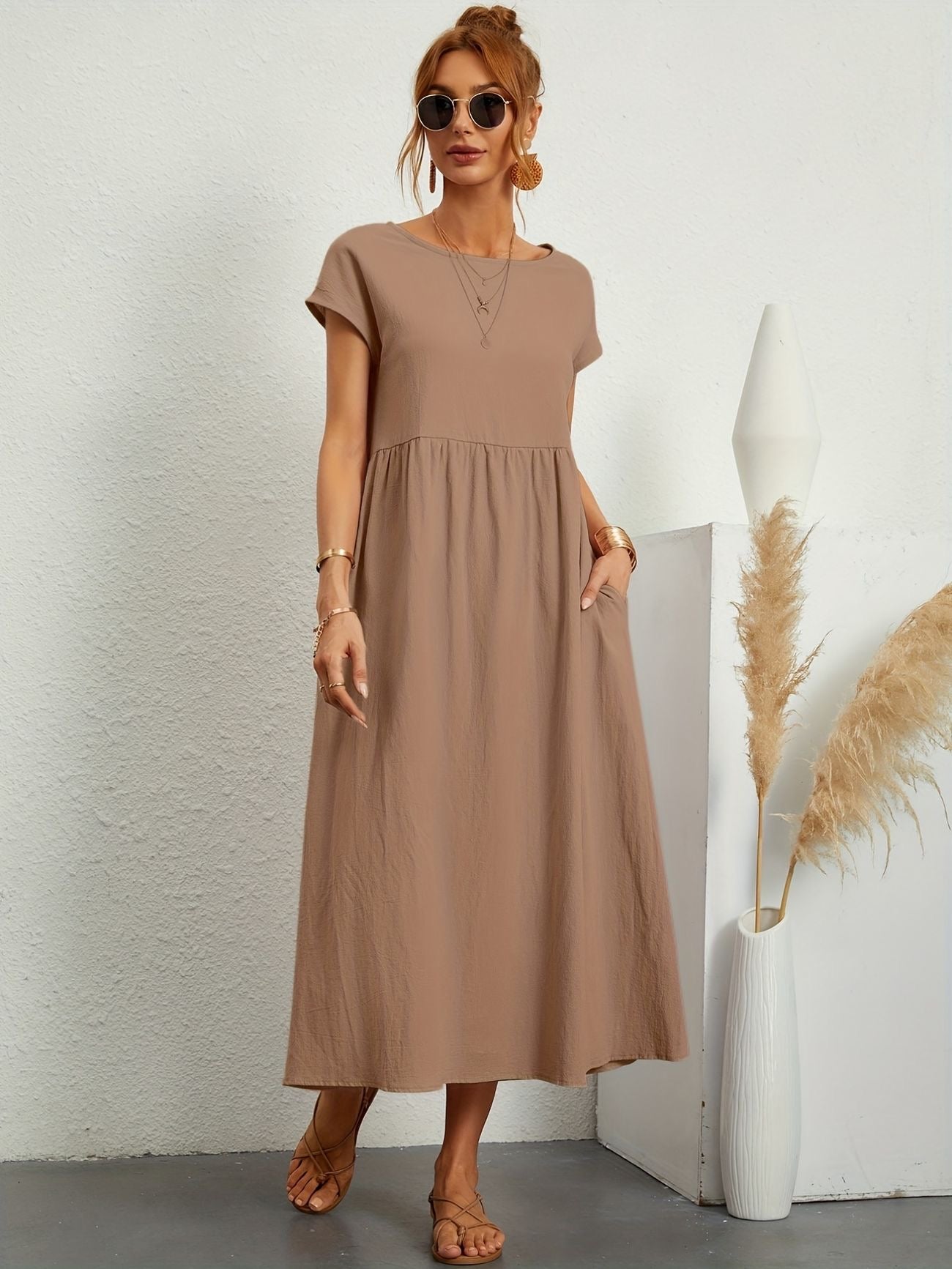 Sage | Round Neck Short Sleeve Gathered Waist Loose Maxi Casual Dress