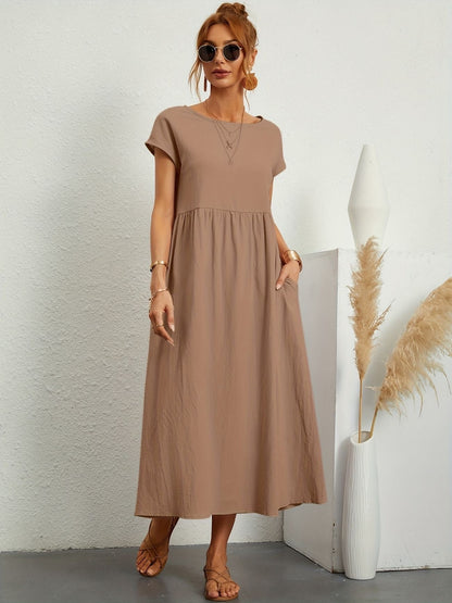 Sage | Round Neck Short Sleeve Gathered Waist Loose Maxi Casual Dress