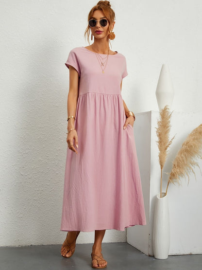 Sage | Round Neck Short Sleeve Gathered Waist Loose Maxi Casual Dress