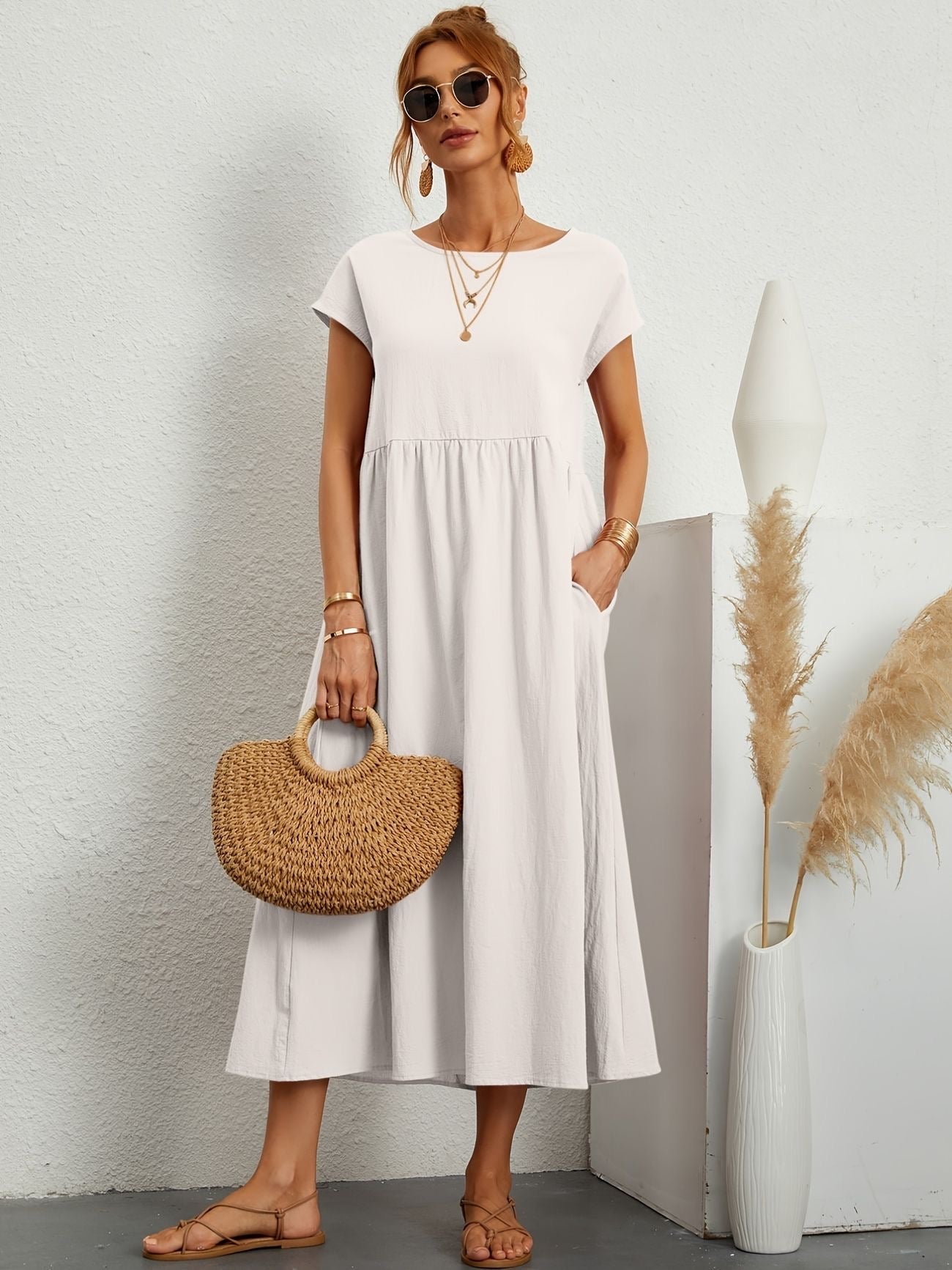 Sage | Round Neck Short Sleeve Gathered Waist Loose Maxi Casual Dress