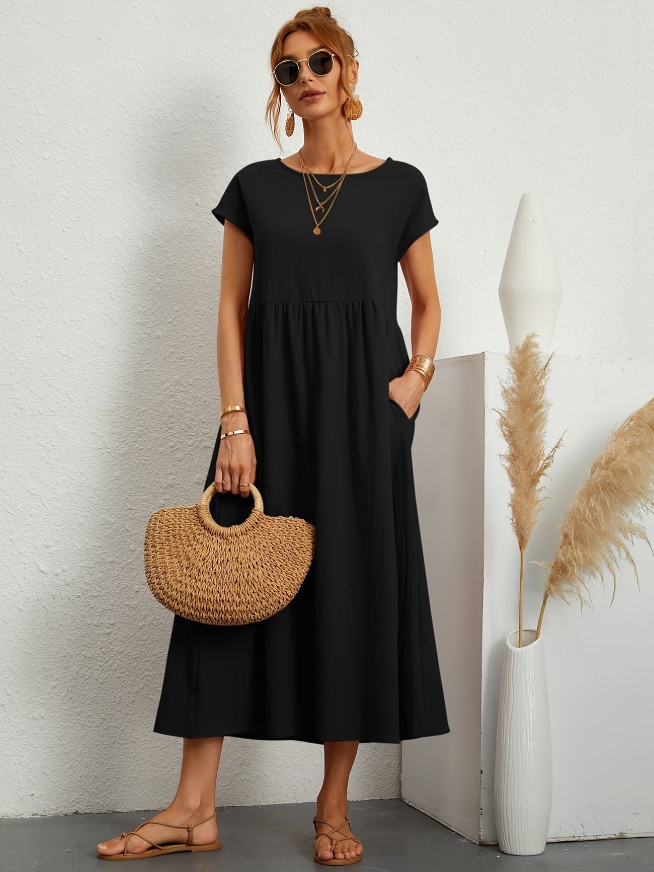 Sage | Round Neck Short Sleeve Gathered Waist Loose Maxi Casual Dress