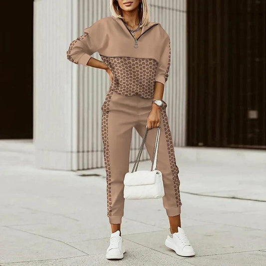 Marlowe | Women's Casual Zip Neck Monogram Print Tracksuit