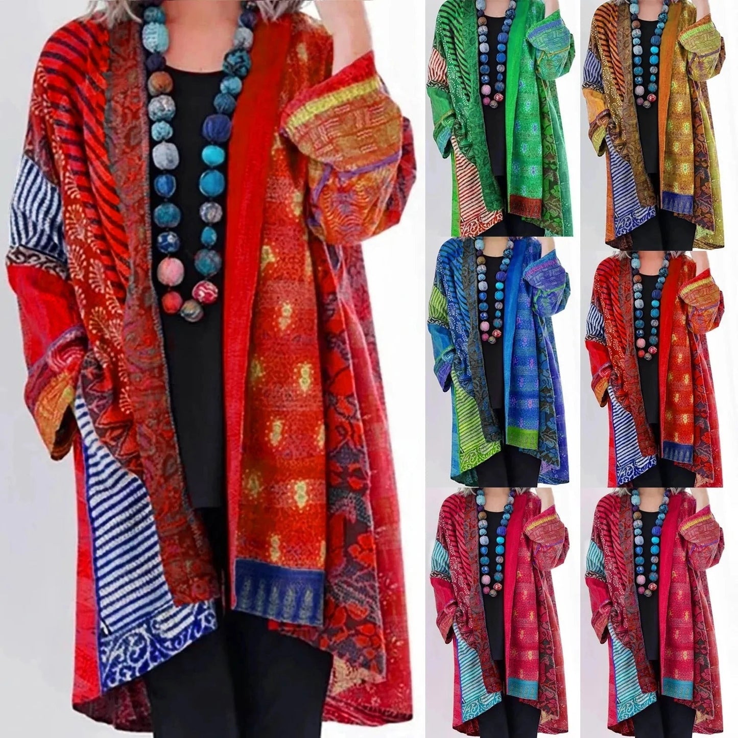 Talia | Women's Vintage Print Open Front Long Sleeve Duster Cardigan