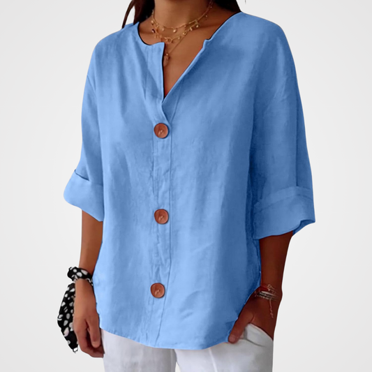 June | V Neck Button Down 3/4 Sleeve Relaxed Casual Blouse