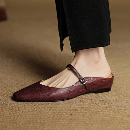 Marlowyn | Women's Leather Pointed Toe Ankle Strap Mule Flat