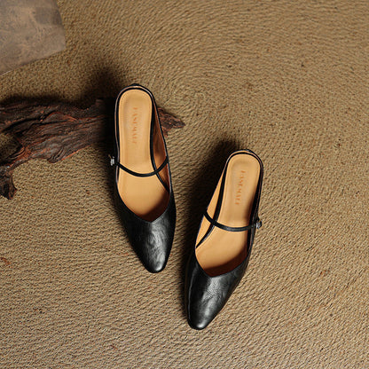 Marlowyn | Women's Leather Pointed Toe Ankle Strap Mule Flat
