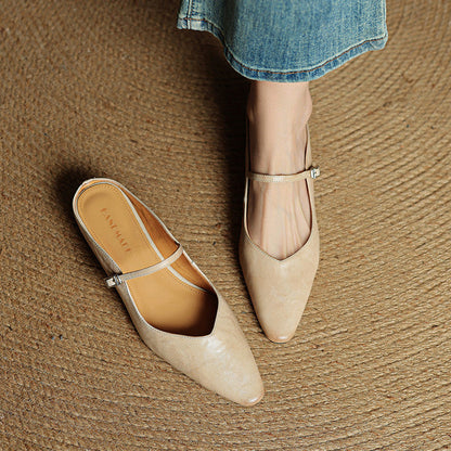 Marlowyn | Women's Leather Pointed Toe Ankle Strap Mule Flat