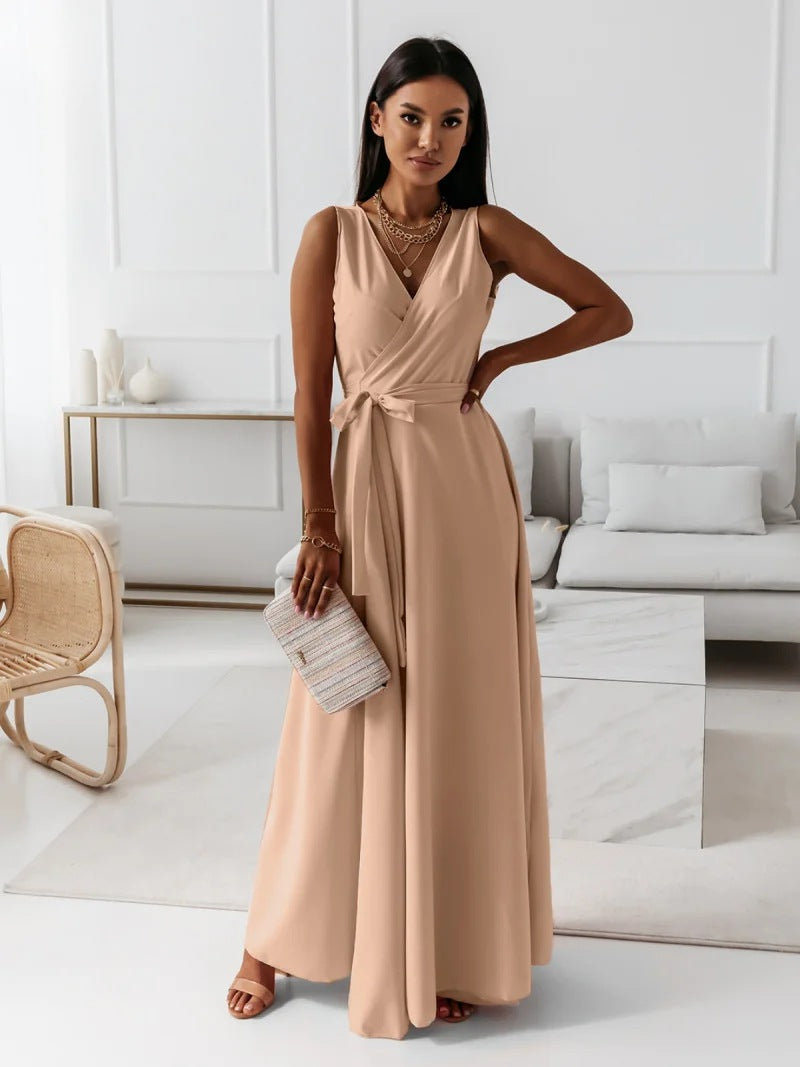 Hailey | Sleeveless Wrap V Neck Tie Waist Flowing Maxi Wedding Guest Dress