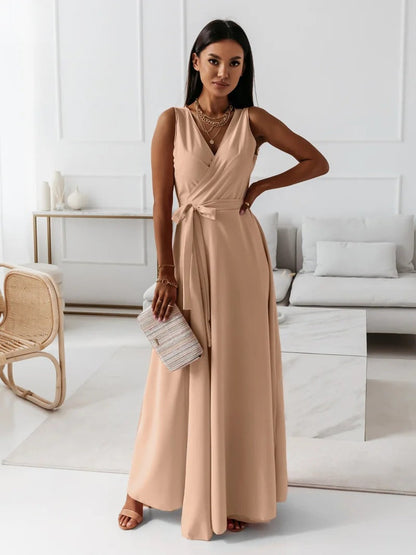 Hailey | Sleeveless Wrap V Neck Tie Waist Flowing Maxi Wedding Guest Dress