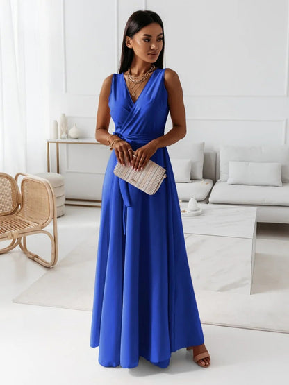 Hailey | Sleeveless Wrap V Neck Tie Waist Flowing Maxi Wedding Guest Dress