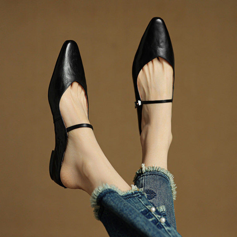 Marlowyn | Women's Leather Pointed Toe Ankle Strap Mule Flat