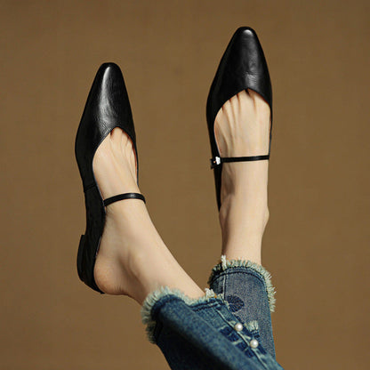 Marlowyn | Women's Leather Pointed Toe Ankle Strap Mule Flat