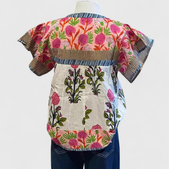 Elarion | Mixed Floral Print Puff Sleeve Notch Neck Boho Blouse