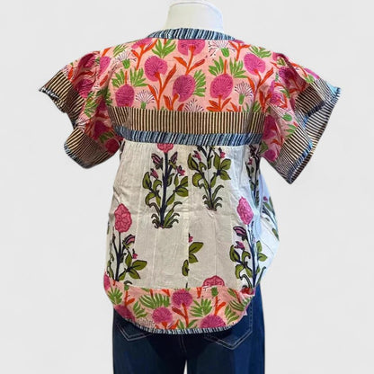 Elarion | Mixed Floral Print Puff Sleeve Notch Neck Boho Blouse