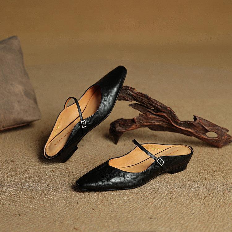Marlowyn | Women's Leather Pointed Toe Ankle Strap Mule Flat
