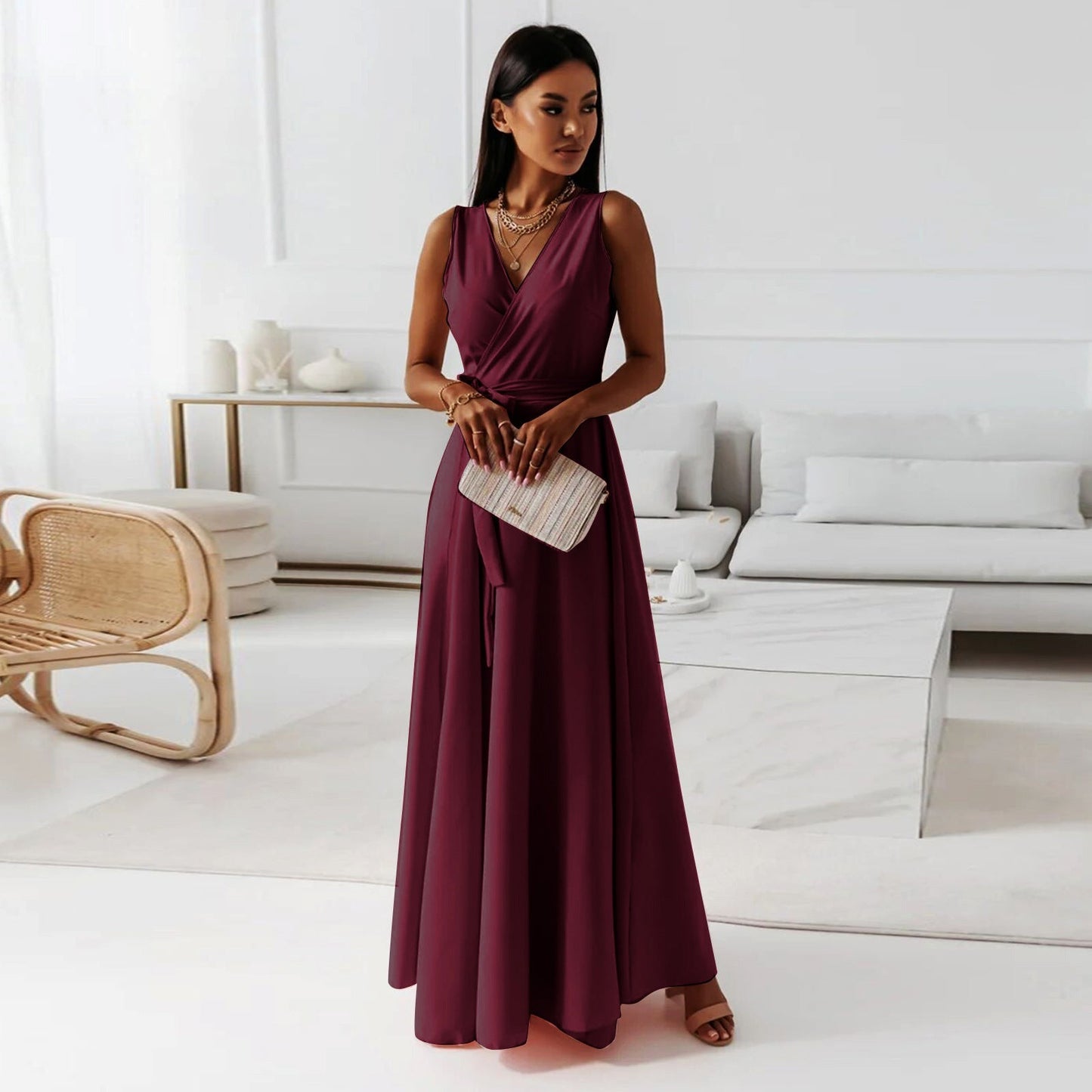 Hailey | Sleeveless Wrap V Neck Tie Waist Flowing Maxi Wedding Guest Dress