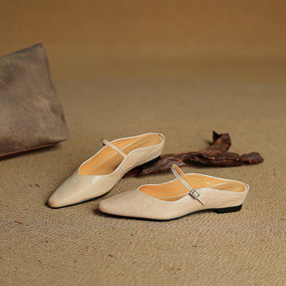 Marlowyn | Women's Leather Pointed Toe Ankle Strap Mule Flat