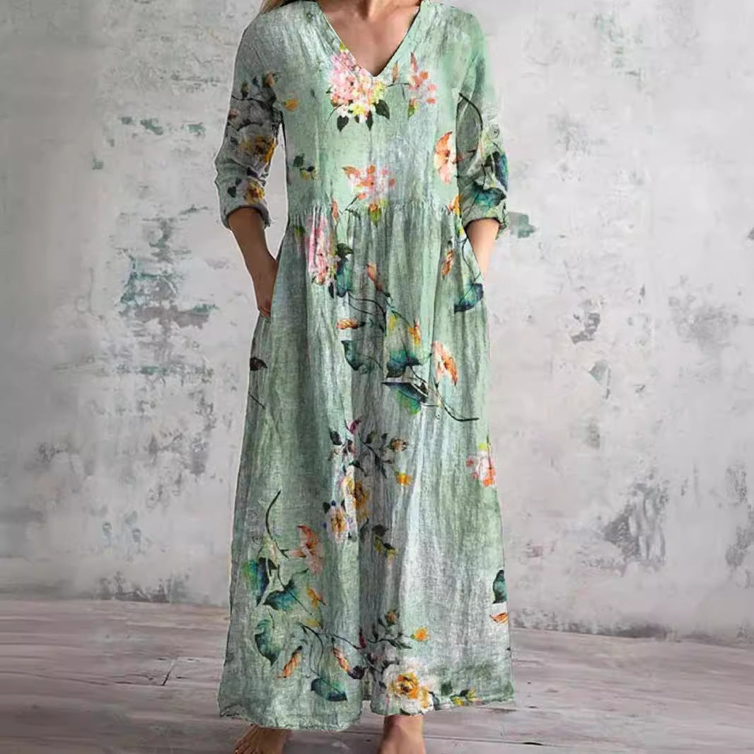 Rosa | Vintage Floral V Neck 3/4 Sleeve Boho Maxi Dress