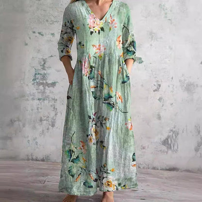 Rosa | Vintage Floral V Neck 3/4 Sleeve Boho Maxi Dress