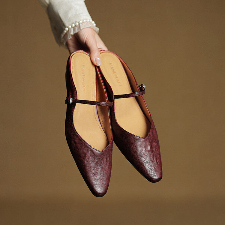 Marlowyn | Women's Leather Pointed Toe Ankle Strap Mule Flat