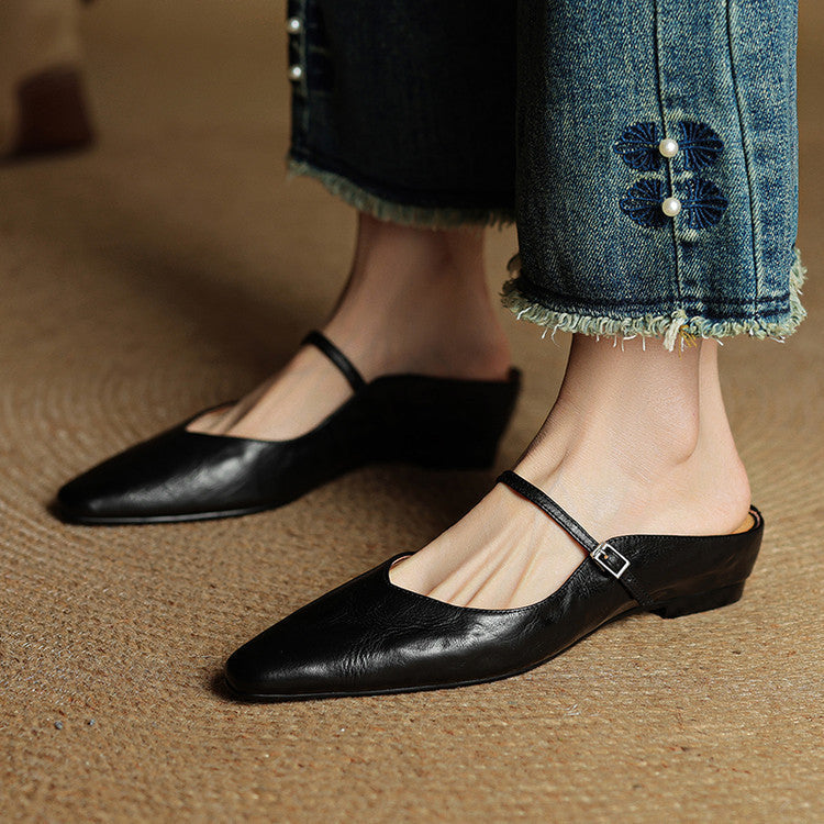 Marlowyn | Women's Leather Pointed Toe Ankle Strap Mule Flat