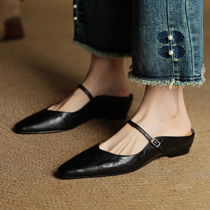 Marlowyn | Women's Leather Pointed Toe Ankle Strap Mule Flat