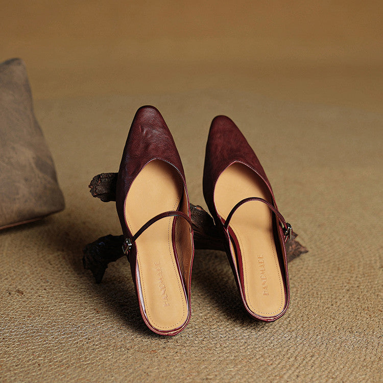 Marlowyn | Women's Leather Pointed Toe Ankle Strap Mule Flat