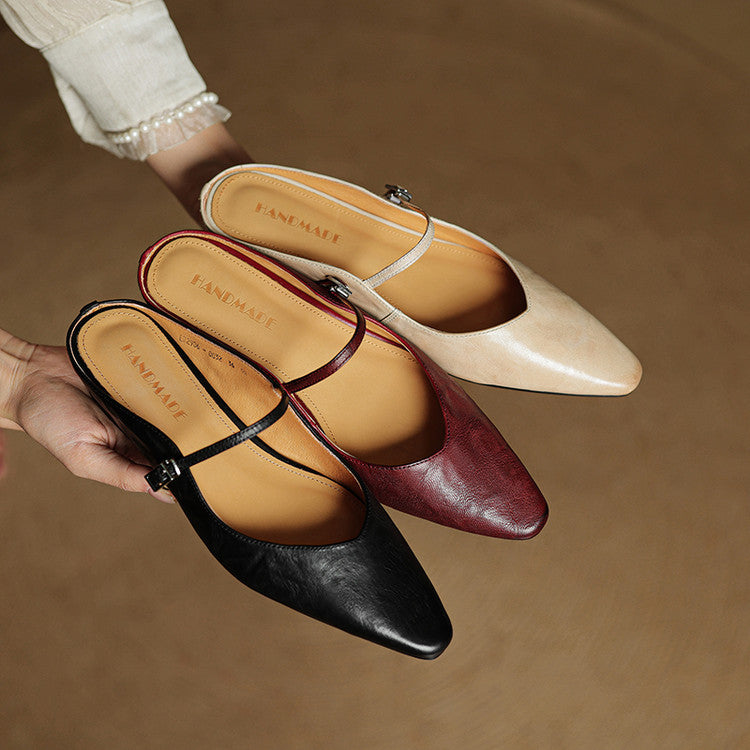 Marlowyn | Women's Leather Pointed Toe Ankle Strap Mule Flat