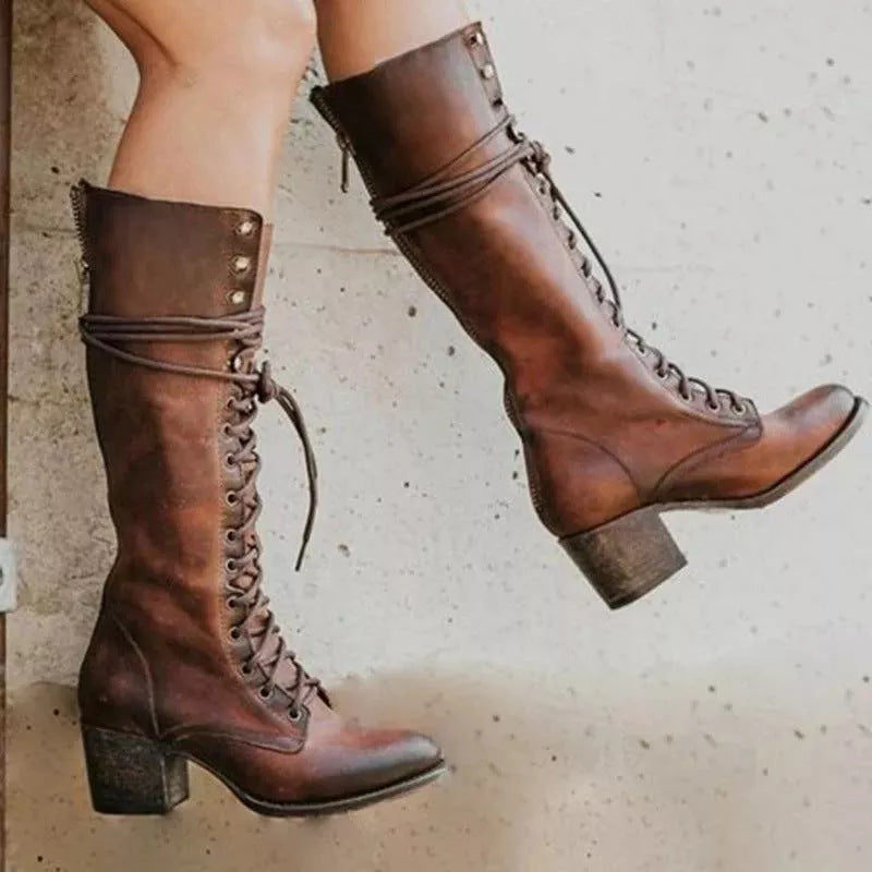 Bella | Women's Lace-Up Knee High Leather Boots