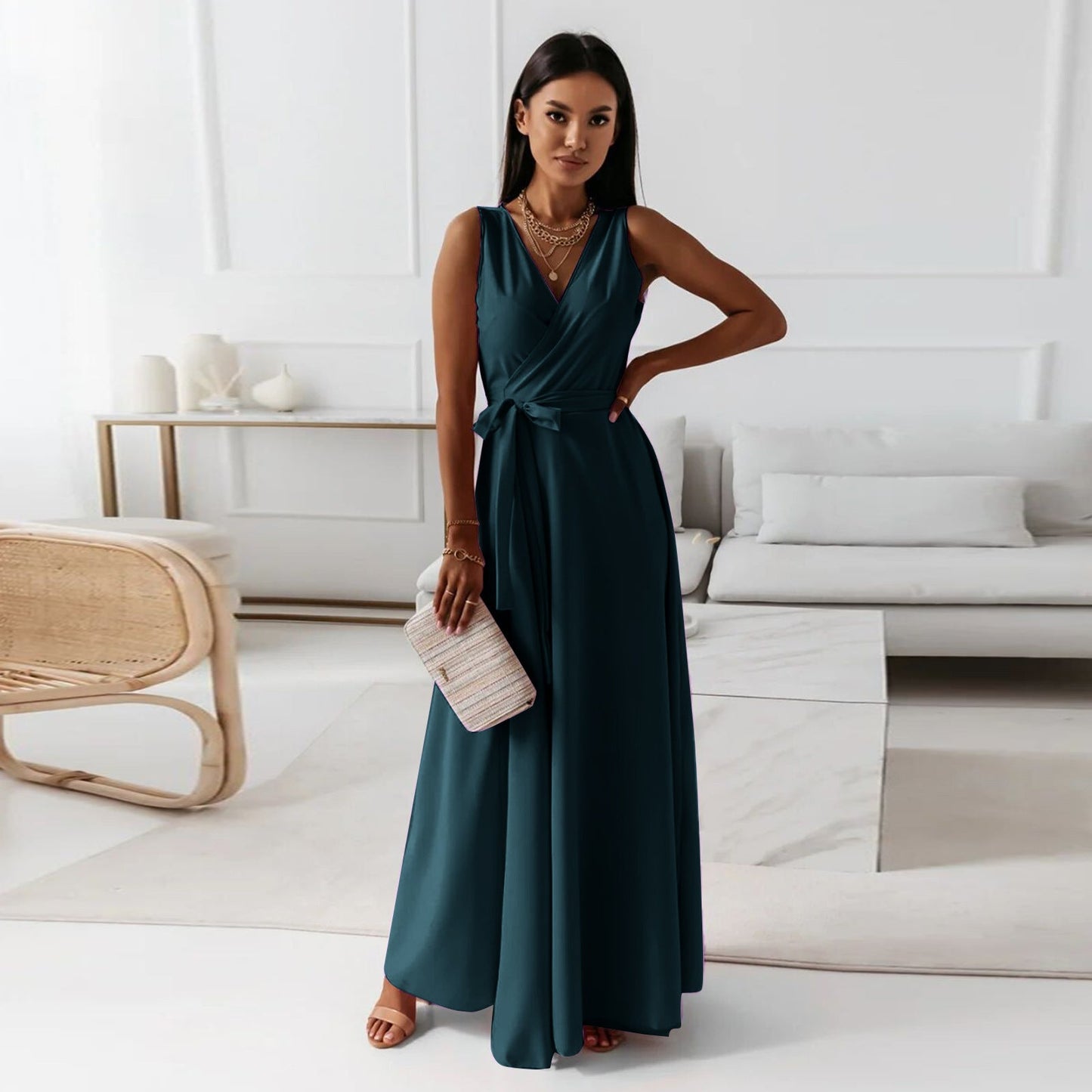 Hailey | Sleeveless Wrap V Neck Tie Waist Flowing Maxi Wedding Guest Dress