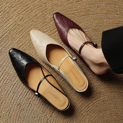 Marlowyn | Women's Leather Pointed Toe Ankle Strap Mule Flat