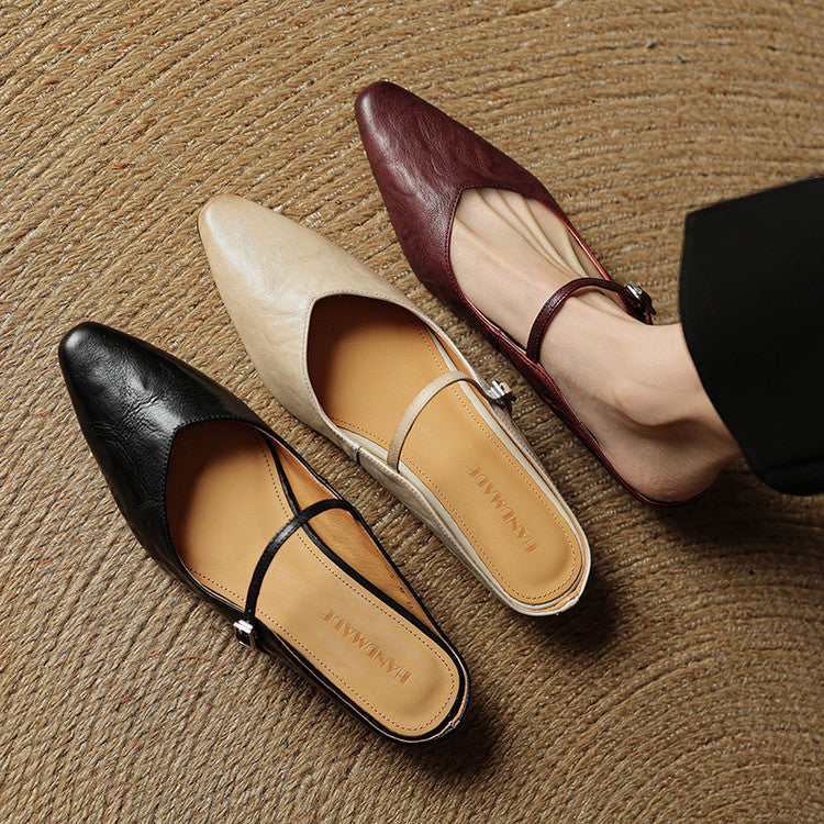 Marlowyn | Women's Leather Pointed Toe Ankle Strap Mule Flat