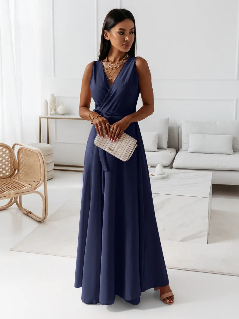 Hailey | Sleeveless Wrap V Neck Tie Waist Flowing Maxi Wedding Guest Dress