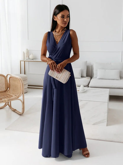 Hailey | Sleeveless Wrap V Neck Tie Waist Flowing Maxi Wedding Guest Dress