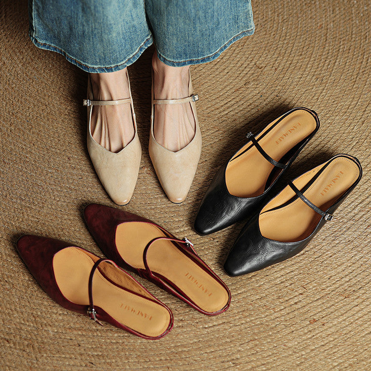 Marlowyn | Women's Leather Pointed Toe Ankle Strap Mule Flat