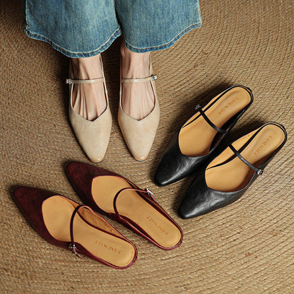 Marlowyn | Women's Leather Pointed Toe Ankle Strap Mule Flat
