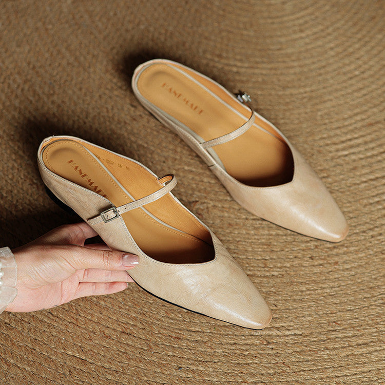 Marlowyn | Women's Leather Pointed Toe Ankle Strap Mule Flat
