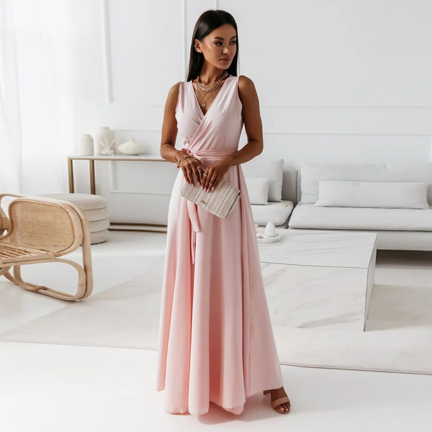 Hailey | Sleeveless Wrap V Neck Tie Waist Flowing Maxi Wedding Guest Dress