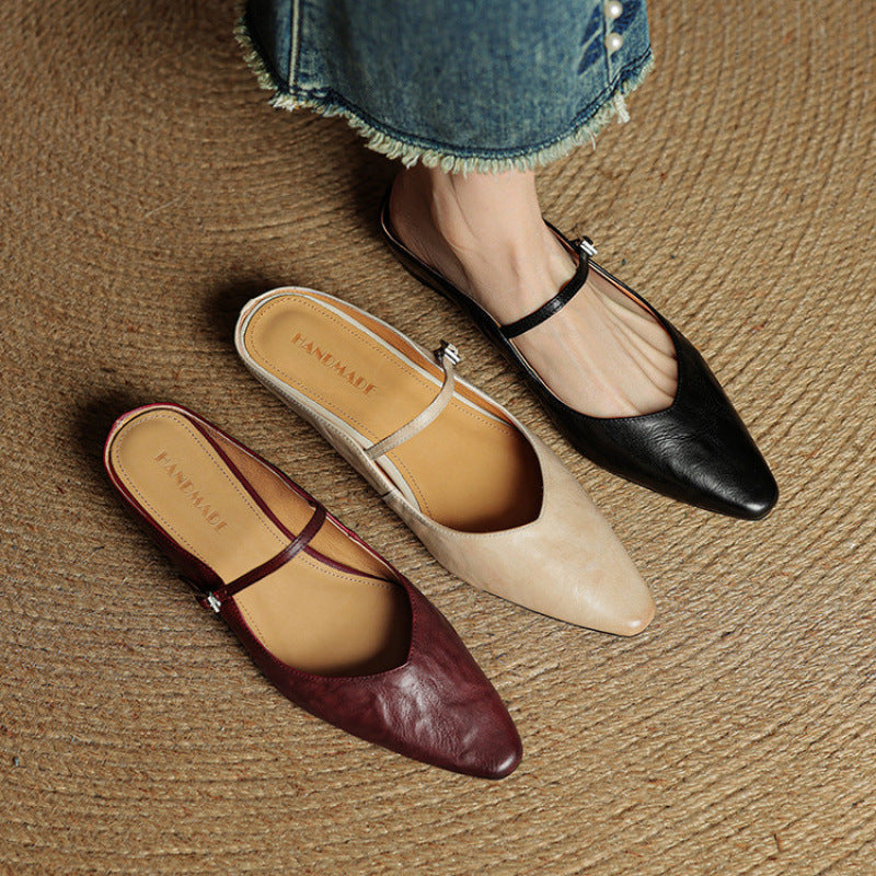 Marlowyn | Women's Leather Pointed Toe Ankle Strap Mule Flat