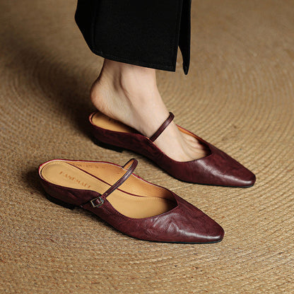 Marlowyn | Women's Leather Pointed Toe Ankle Strap Mule Flat